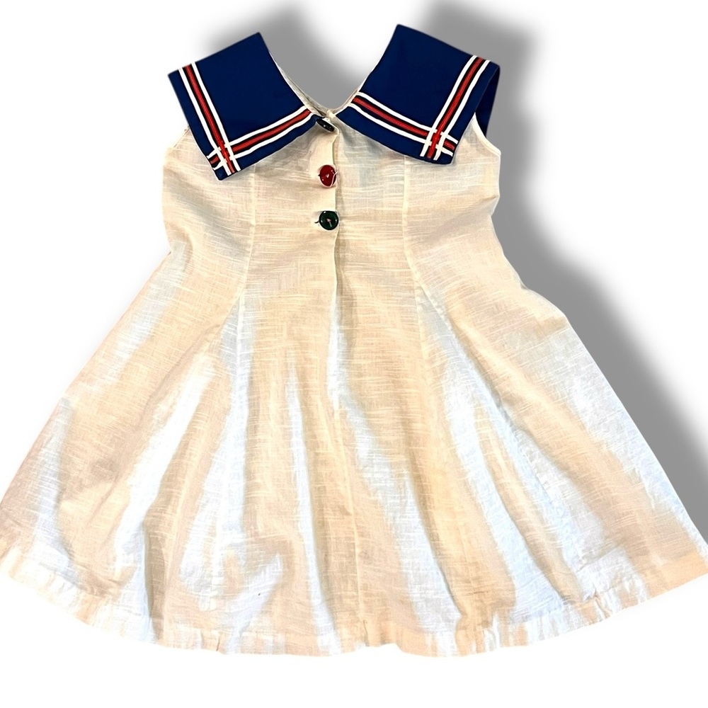 Vintage Toddler Girls Dress Creamy White Navy Blue Red Sailor Nautical Handmade